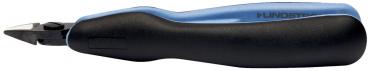 The image shows a practical, ergonomically designed cutter. The handle is black with blue accents. The blade is narrow and pointed, suitable for cutting materials.