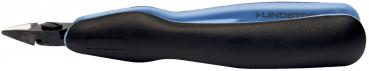 The image shows a black cutter with a blue handle. The blade is narrow and pointed, suitable for cutting materials. The handle is ergonomically shaped for better grip.