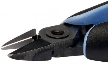 The image shows a side cutter with a black handle and blue accents. The cutting edge is pointed and sharp, ideal for cutting through wires or small materials.