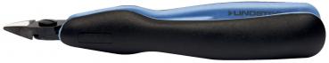The image shows a black pen with a blue grip surface. The tip is narrow and has a sharp edge, suitable for cutting or drawing. Ergonomically designed.