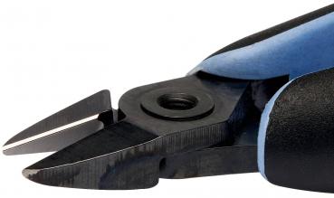 The image shows a pair of pliers with sharp, pointed blades. The handle is ergonomically designed and has a blue and black surface. The blades are metallic and precise.