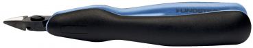The image shows a blue and black pen with a sharp blade at the front. The handle is ergonomically shaped and fits comfortably in the hand.