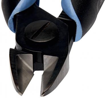 The image shows a pair of pliers with sharp, pointed jaws that are used for cutting wires or small objects. The handle is black with blue rubber inserts for a better grip.