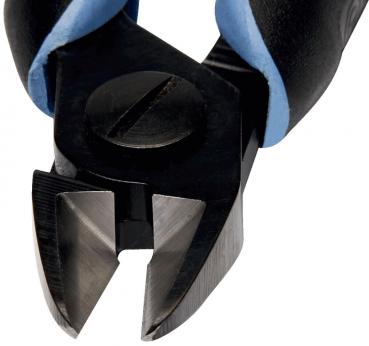 The image shows a pair of pliers with an angled cutting edge. The handles are black with blue accents. The blades are sharpened and suitable for cutting.