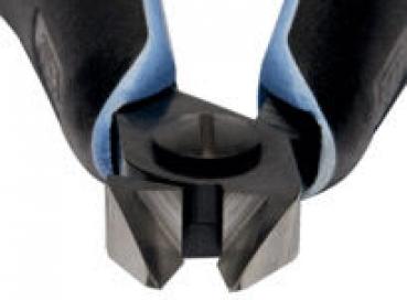 The image displays the cutting edge of the tool with two rubberized handles. The blade is sharp and features a V-shaped notch in the middle, ideal for cutting wire.