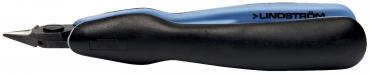 The image shows a pen with an ergonomic shape. The grip side is black and the upper side is blue. The tip is narrow and pointed, suitable for writing or drawing.