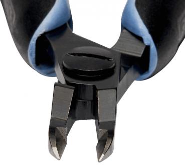 The image shows the tips of a side cutter. The blades are sharp and v-shaped, with a round swivel mechanism in the center. The handle is black with blue elements.