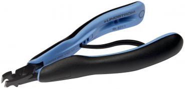The image shows a blue-black pair of pliers with two grip surfaces. The handles are ergonomically designed, and the pliers have a sharp cutting edge at one end, ideal for cutting.