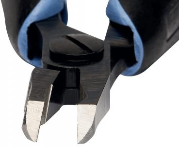 The image shows a pair of pliers with a black and blue handle coating. The working surface is sharp and precise, ideal for cutting wires or small objects.