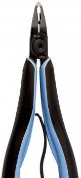 The image shows a pair of pliers with pointed, narrow tips. The handle is ergonomically designed and made of a mix of black and blue plastic. It is well suited for precise work.
