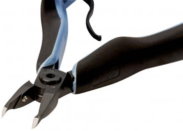 The image shows a pair of pliers with black, rubberized handles and blue accents. The tips are sharp and guillotine-like, ideal for cutting wire.