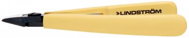 The image shows a yellow pliers with flat, ergonomic handles and a narrow, pointed cutting edge. The brand "Lindström" is printed on the side.