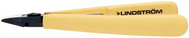 The image shows a yellow pliers with a narrow, black tip. On one of the handles, there is the inscription "LINDSTRÖM". The pliers have an ergonomic shape.