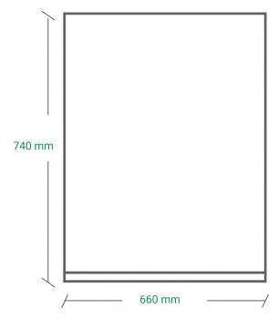 Das Bild zeigt ein rechteckiges Format mit den Maßen 740 mm in der Höhe und 660 mm in der Breite. Der rand ist durch eine graue Linie gekennzeichnet, der Hintergrund ist weiß.