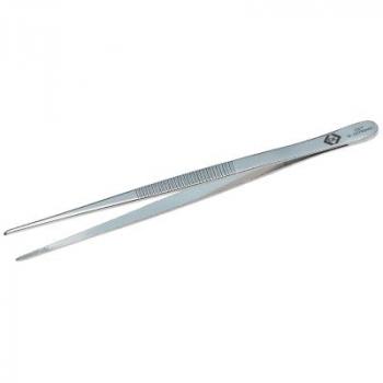 The image shows a long, narrow tweezer made of shiny metal. It has two pointed, flexible arms that meet at the top end. The surface is ridged for better grip.