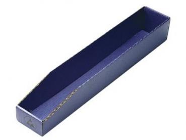 The image shows a long, narrow box made of sturdy cardboard. It has a smooth surface and is colored a uniform, dark blue both inside and outside.