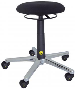 The image shows a black stool with a round, padded seat. It has an adjustable height and stands on a chrome-colored base with five wheels for mobility.