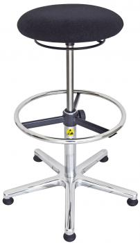 The image shows an adjustable stool with round, black padding. It features a chrome metal frame and a stable, five-spoke base with casters.