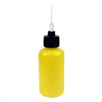The image shows a yellow bottle with a black cap. A fine, long needle tip protrudes from the cap. The bottle is rounded and has a smooth material.
