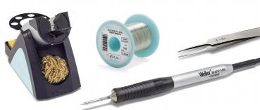 The image displays a selection of tools: a soldering iron, a spool of solder, a pair of pliers, and a soldering station, all used for electronic work.