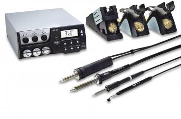 The image displays an electronic device with a screen and controls. Next to it are three separate heating tips and two cables with handles. The entire setup is designed for craftwork.
