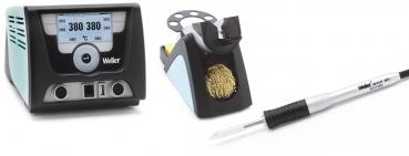 The image displays a soldering iron kit. In the center is a soldering iron with a digital temperature display, next to it a soldering station, solder wire on a spool, and tweezers. All parts are primarily in black and blue.