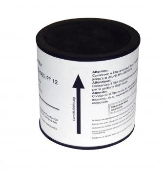 The image shows a cylindrical can with a black lid. The surface is printed with multilingual text and warning notices, including an upward arrow marking.