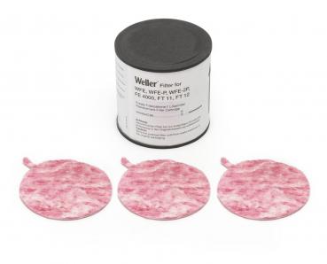 In the picture, there is a round can with a black lid, surrounded by three pink filter discs. The discs are the same size and have a smaller cutout for attachment.