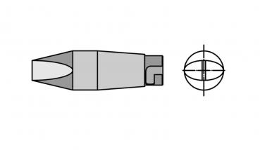 The image displays a technical drawing of an object with an elongated, pointed shape and a short, vertical edge on the side. Next to it is a schematic representation in the form of a circle.