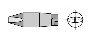 The image shows a graphic representation of ammunition. On the left is the side view of a cartridge shape with a pointed end. On the right is a cross-section that displays the internal structure.