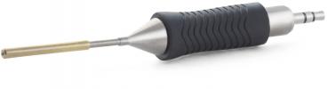 The image shows a tool with a rubberized, ridged handle and a metallic end. It has a long, narrow brass tip and is designed for precise tasks.