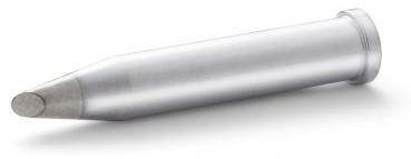 The image shows a silver pen with a sharp, flat edge on one side and a wide, round end on the other. It has a smooth surface and is long and cylindrical.