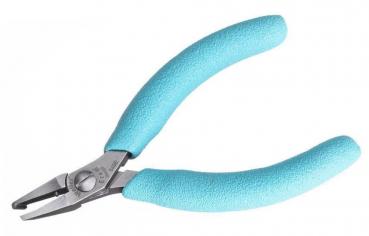 The image shows a pair of pliers with a narrow, pointed opening. The handles are in a striking light blue, non-slip and ergonomically shaped for a comfortable grip.