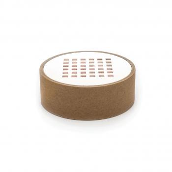In the picture, there is a round can with a black lid, surrounded by three pink filter discs. The discs are the same size and have a smaller cutout for attachment.