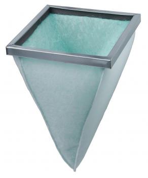 The image displays a trapezoidal waste bin. It features a sturdy, silver frame at the top and is covered with green, soft material that tapers to a point at the bottom.