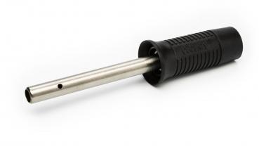 The image depicts a soldering iron with a slim, metallic tip and a non-slip, black handle that features a textured surface.