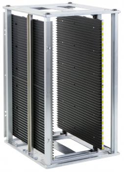 The image shows a rectangular structure made of metal with vertical, black slats. These are attached to a frame that is stable and straight-lined. The slats are partially movable.