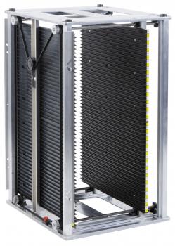 The image displays a square, framed device. It features black slats arranged vertically and is made of metal. It appears sturdy and industrial.