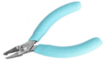 The image shows a small pair of pliers with metallic tips and ergonomic, blue-coated handles. It is intended for precise tasks, such as in jewelry making.
