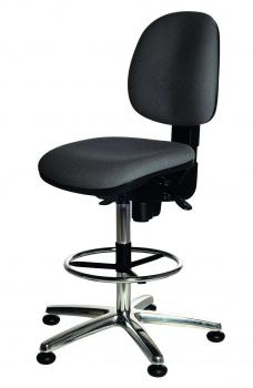 The swivel chair has a black upholstery, an ergonomic backrest, and an adjustable seat. It stands on a sturdy, chrome-plated base with five casters for mobility.