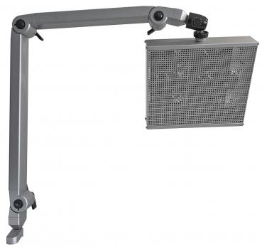 The image displays a flexible holder with a rectangular, perforated monitor. The holder features multiple joints and is made of gray metal. It allows for various positioning.
