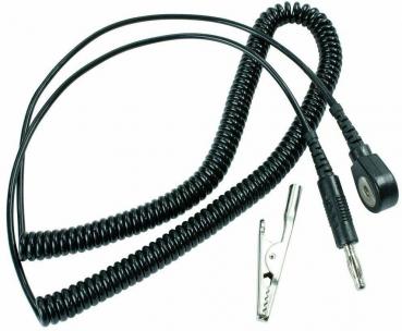 The image shows a black, spiral-shaped cable with a jack plug at one end and a metal clip at the other end. It is flexible and easy to handle.