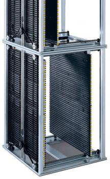 The image depicts a structured, rectangular metal frame with two overlapping black slats. The frame features side reinforcement parts and a sturdy base.