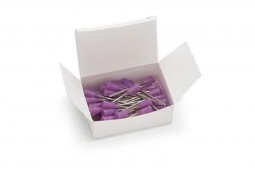 The image shows an open, white box filled with many purple clips. The clips have a metallic pin and are neatly arranged on top of each other.