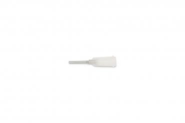 The image shows a small, flat plastic spatula with a slender metal handle. The spatula has a rectangular blade with rounded corners.