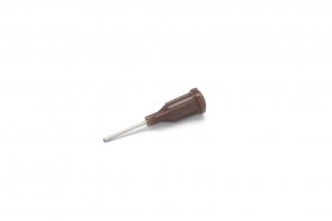 The image shows a small, brown flathead screwdriver with a long, thin metal blade. The handle is round and slightly curved, while the rest is narrow and straight.