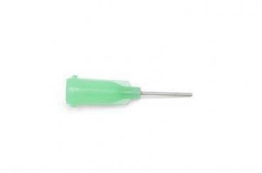 The image shows a small, green syringe needle with an elongated metal part. The upper part is made of plastic and has a smooth, rounded shape.
