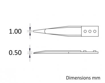 The image displays technical drawings of an object. The top view features a tip that is 1.00 mm thick. The bottom view shows a side view that is 0.50 mm thick.