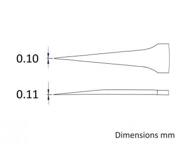 The image displays two narrow, conical shapes measuring 0.10 mm and 0.11 mm. The upper shape has a wide base, while the lower one is uniformly narrower.