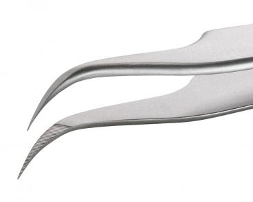 The image shows a high-quality, curved tip of tweezers made from stainless steel. The edges are sharp, the surface is shiny and smooth. They are used for precise handling.